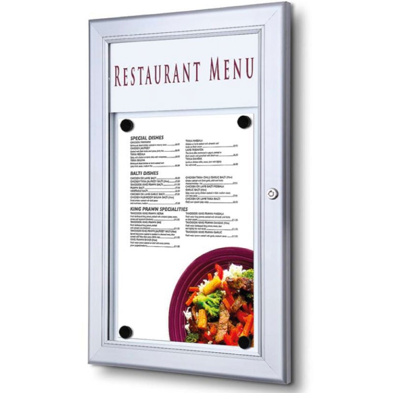 Vitrina Menú Logo. Plata. 1 x A4