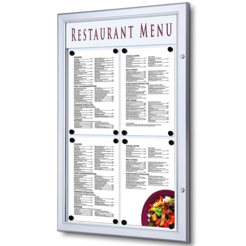 Vitrina Menú Logo. Plata. 4 x A4